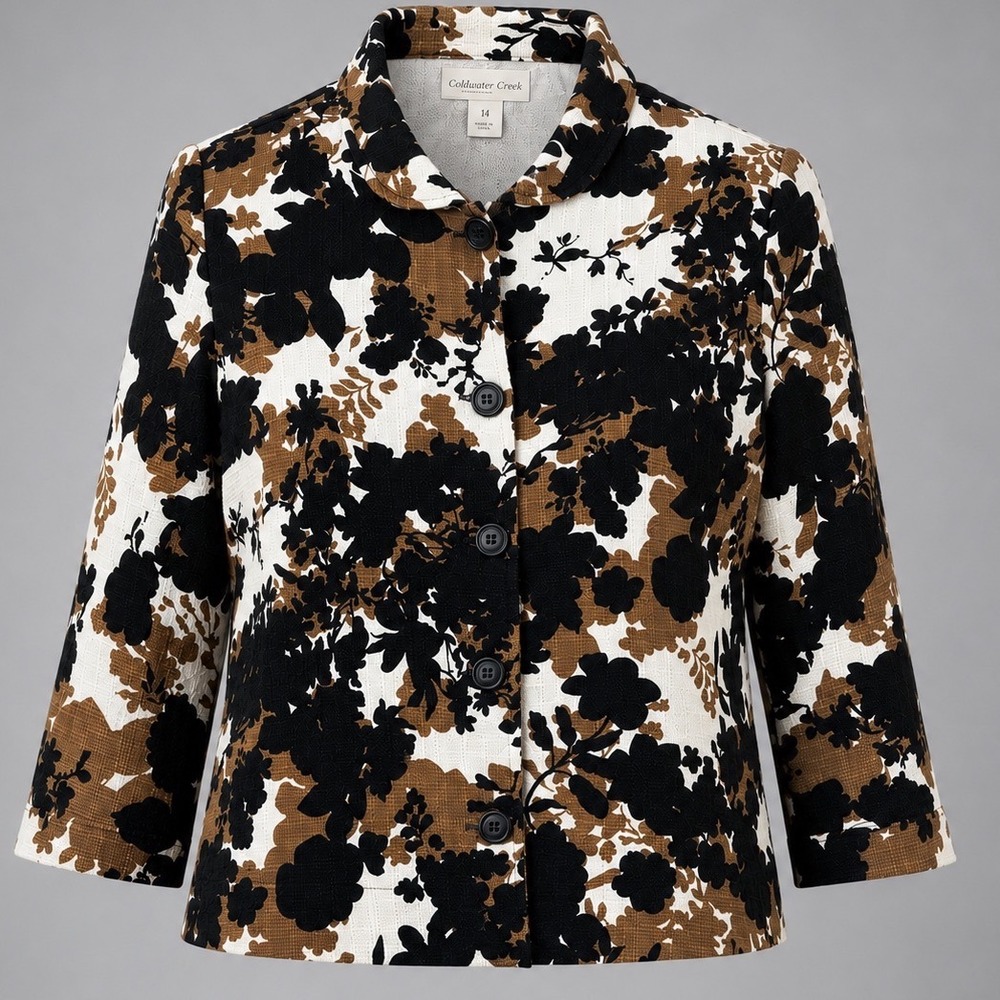 Coldwater Creek Floral‎ Textured Jacket Size 14 Black Brown New Career Button Up
